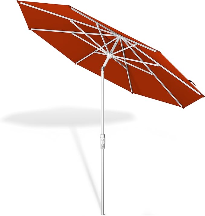 Midtown Umbrellas The Swilt 9 Feet Patio Umbrella in Terylast Apple (Red) Polyester Fabric - Fiberglass Ribs, Auto-Tilt Aluminum Frame For Backyard, Deck, Garden, Pool - White Pole