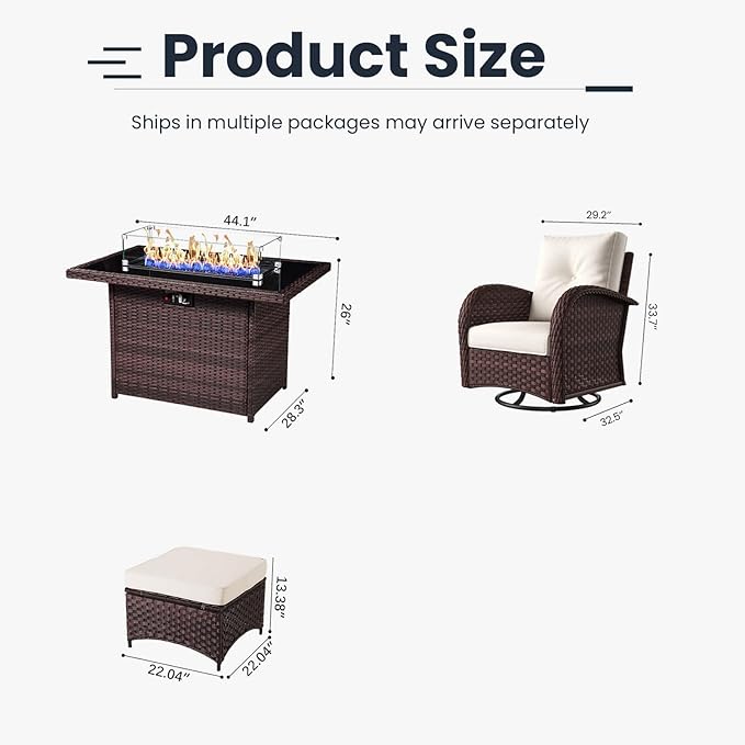 7 Pieces Patio Furniture Sets with Fire Pit Table, Wicker Rattan High Back Outdoor Swivel Rocking Chairs Set with Side Table