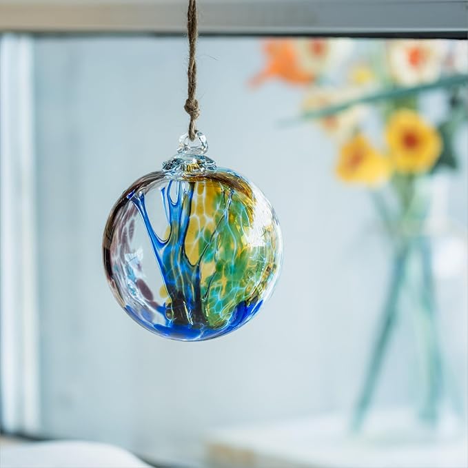 4” Tree of Life Witch Balls, Gazing Balls Hanging Friendship Balls, Hand-Blown Glass Christmas Ornament for Window Outdoor Home Decor, Garden Patio Decoration, Gifts for Women (Blue)