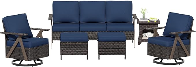 6 Piece Patio Furniture Set, Wicker Patio Conversation Set with Swivel Glider Chair and Outdoor 3-Seater Sofa and 2 Ottomans and Side Table for Deck Yard and Poolside