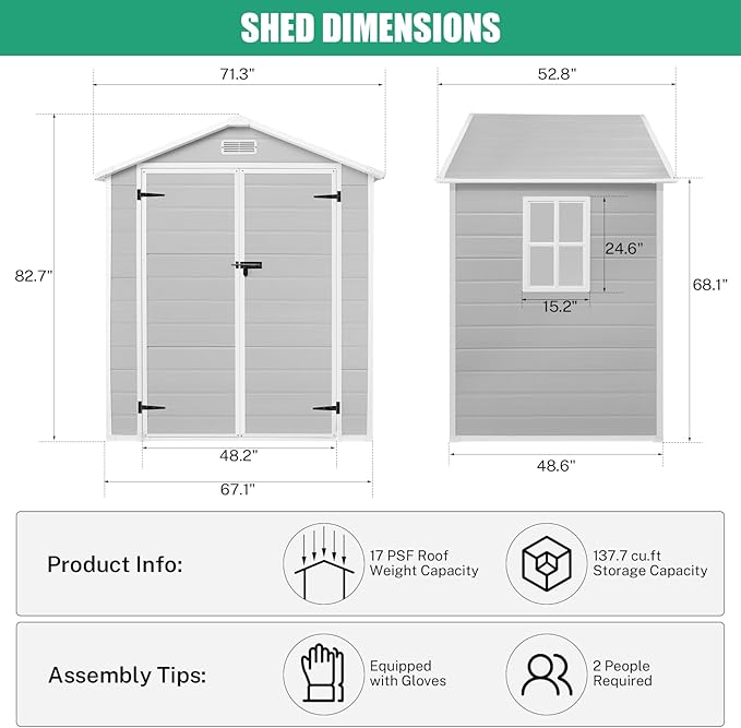 Seizeen 6x4.4ft Resin Shed with Floor, Waterproof Outdoor Plastic Shed w/Lockable Doors, Window & Vents, Outdoor Storage Shed for Storing Lawn Mower, Patio Furniture, Tools, Bike (Light Gray)