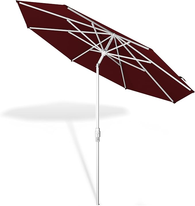 Midtown Umbrellas The Swilt 9 Feet Patio Umbrella in Sunbrella Burgundy Acrylic Fabric - Fiberglass Ribs, Auto-Tilt Aluminum Frame For Backyard, Deck, Garden, Pool - White Pole