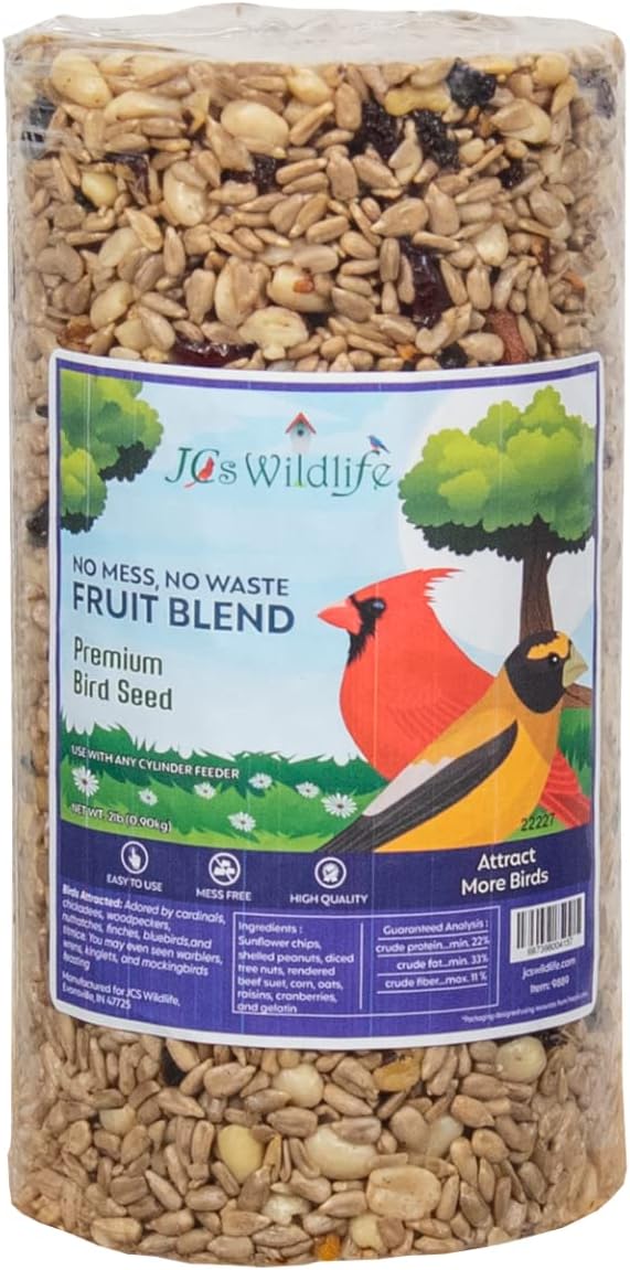 JCs Wildlife No Mess, No Waste Fruit Blend Premium Bird Seed Small Cylinder with Hole, 2 lb (2 Cylinder)