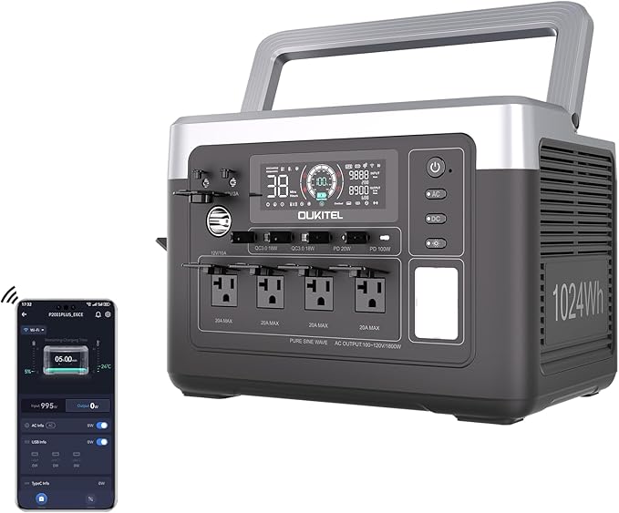 OUKITEL P1000 Plus 1800W Solar Generator, 1024Wh Solar power station with 4 AC Outlets (3600W Peak), 41mins Full Charging, APP Control Emergency Power Station for Home, Camping & RVs, Battery Backup