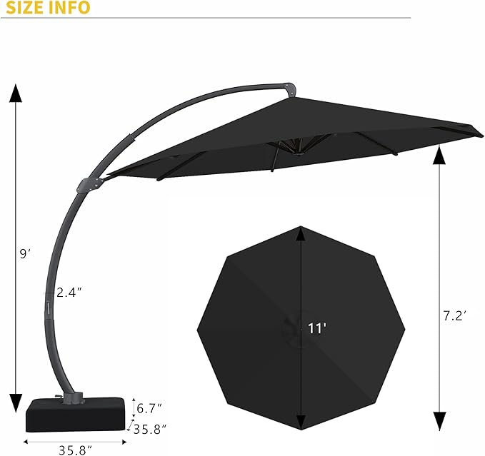 Kingdura 11ft Offset Cantilever Patio Umbrella with Base Included, Large Round Aluminum Outdoor Umbrella, 360° Rotation & Infinite Tilt, Heavy Duty Frame for Deck Pool Backyard, Black