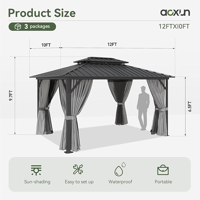 Aoxun 10'x12' Hardtop Gazebo, Aluminum Frame Canopy with Double Galvanized Steel Roof, Outdoor Metal Pavilion with Netting, Curtains for Backyard, Patio and Deck