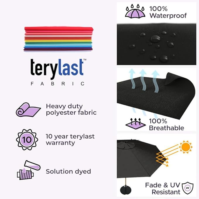 Midtown Umbrellas Wooden 2-9 Feet Outdoor Patio Umbrella, Terylast Ebony Fabric, Aluminum Frame For Backyard Umbrella, Deck Umbrella, Garden Umbrella & Pool Umbrella - Wooden Pole