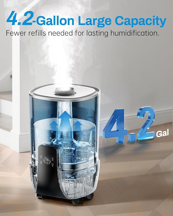 Humidifiers for Bedroom Large Room, 4.2Gal/16L Cool Mist Humidifier Large Room 2000 sq.ft,Top Fill, 3 Stainless Steel Atomizers,360°Nozzle Extension Tube, Commercial/Office/Plants/House, White