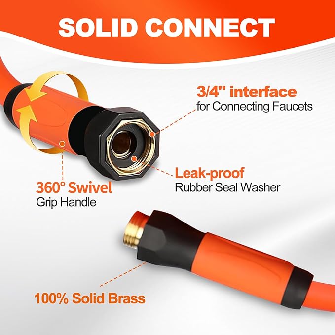 YOTOO Heavy Duty Hybrid Garden Water Hose 5/8-Inch by 100-Feet 150 PSI Kink Resistant, Flexible with Swivel Grip Handle and 3/4" GHT Solid Brass Fittings, Orange