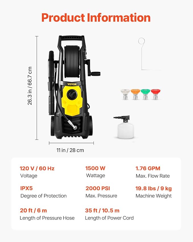 VEVOR Electric Pressure Washer, 2000 PSI, Max. 1.76 GPM Power Washer w/ 30 ft Hose, 5 Quick Connect Nozzles, Foam Cannon, Portable to Clean Patios, Cars, Fences, Driveways, ETL Listed
