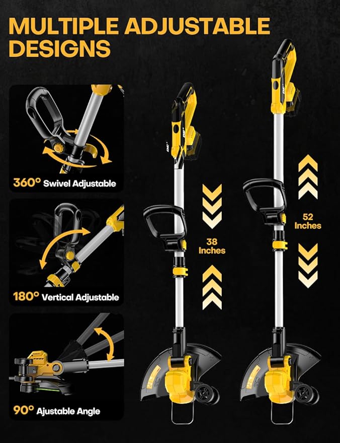 Cordless Weed Wacker, for Dewalt 20V Battery, 3 in 1 Battery Powered Weed Eater & Edger & Mower with Auto Line Feed, 20000 RPM 12 Inch Brushless Grass Trimmer, 6 Line Spools String Trimmer for Lawn