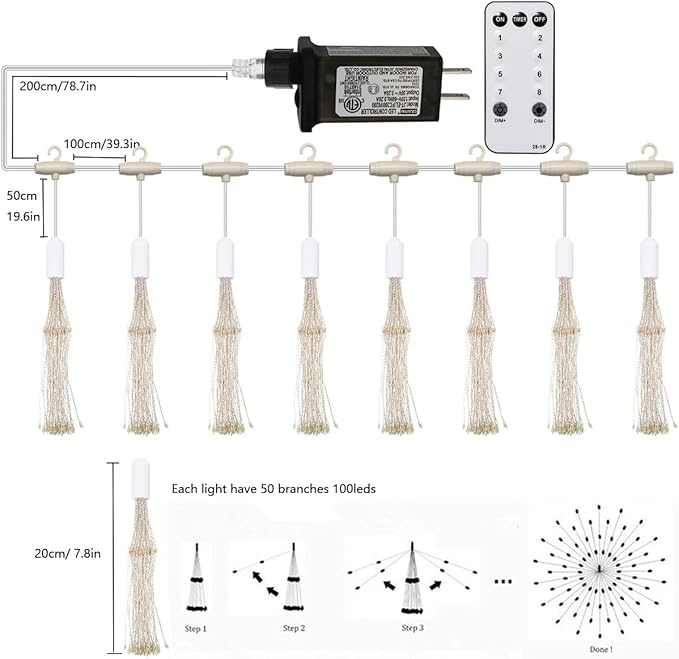 8 Pcs Total 800 LED Firework Copper Wire Lights, 8 Modes Fairy Twinkle Lights Plug in String Lights 1M/3.3FT Spacing Starburst Lights with Sagging Wire and Remote Control(Colorful)