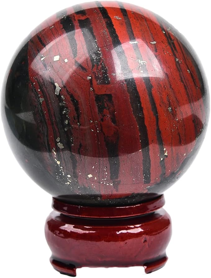 JIC Gem Real Quartz Crystal Sphere Ball African Bloodstone Healing Crystal Ball with Decoation Stand for Fengshui Meditation Ball (60-70mm)