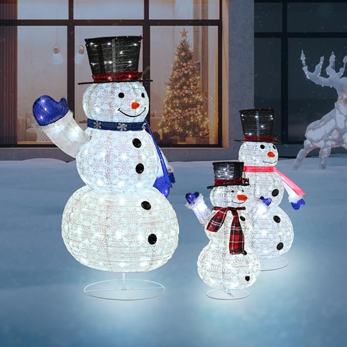 3 Piece Pre-lit Christmas Snowman Family, 270 LED 3D 2ft+3ft+5ft Lighted Snowman for Outdoor Indoor Xmas Decorations