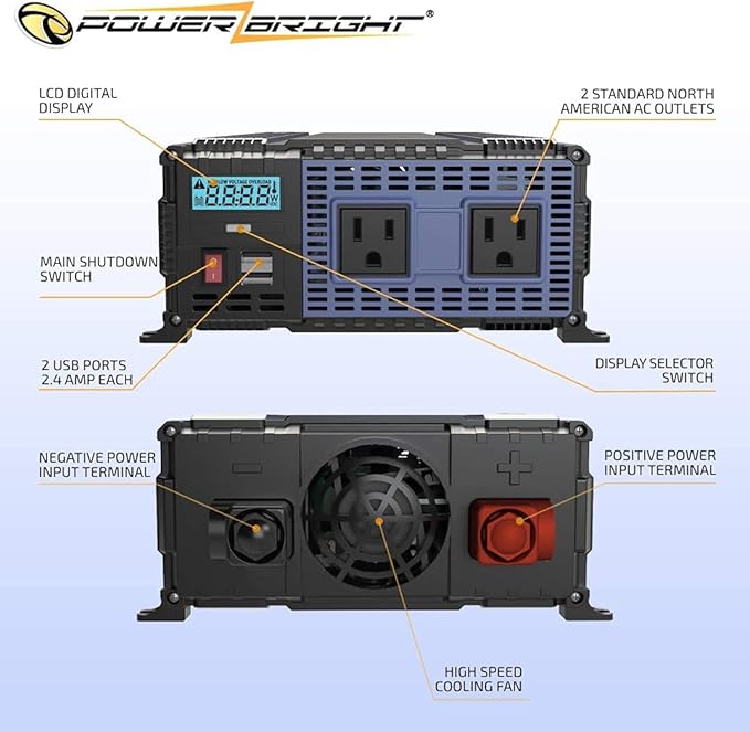 PowerBright 2000 Watt 12V Power Inverter Dual USB & AC Outlets, Easy to Install Automotive Portable Power for Power Tools, Camping and Car Accessories. ETL Approved Under UL STD 458
