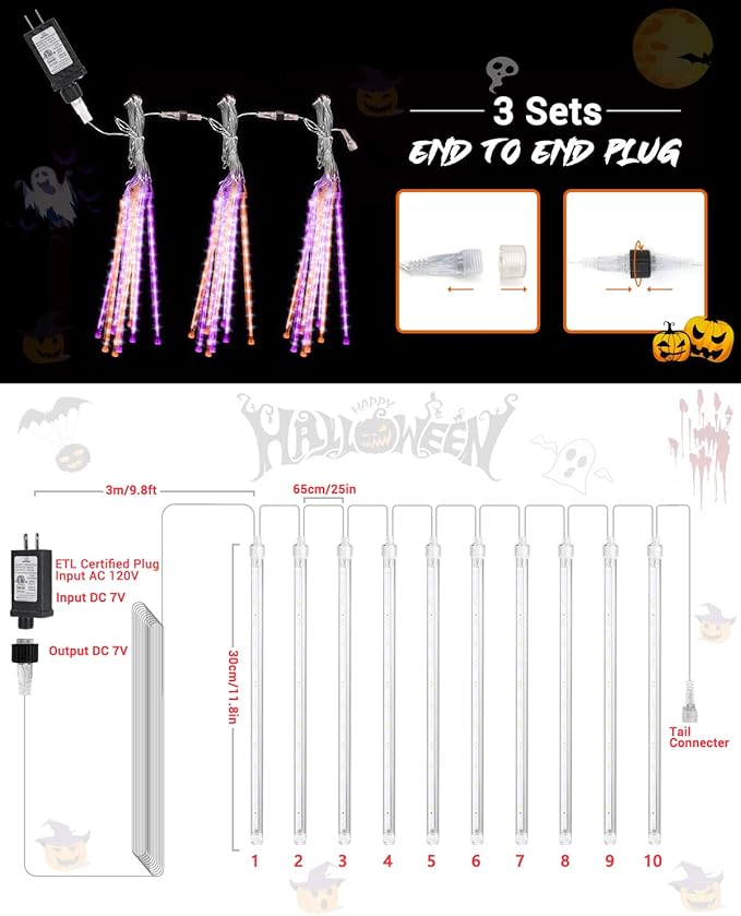 Halloween Lights Outdoor 10 Tubes 240 LED Raindrop Meteor Shower Icicle Light with Timer Function Cascading Falling Rain Lights for Halloween Orange Purple
