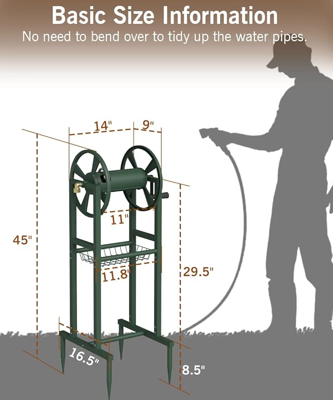 Garbuildman Ground Mount Garden Hose Reel Holds 125 Feet of 5/8-Inch with 3.9 ft Leader Hose, Brass Fitting, Water Hose Holder Stand with Storage Rack & 4 Spikes Base for Outdoor Lawn, Green