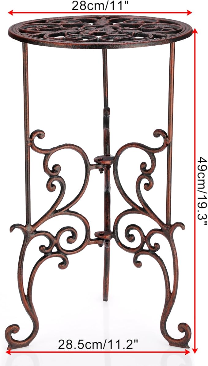 OwnMy Cast Iron Tall Plant Stand Heavy Duty Vintage Wrought Iron Flower Pot Holder, Decorative 1-Tier Potted Plant Holder Rack, Indoor Outdoor Large Metal Plant Stand for Patio Garden, Red Bronze