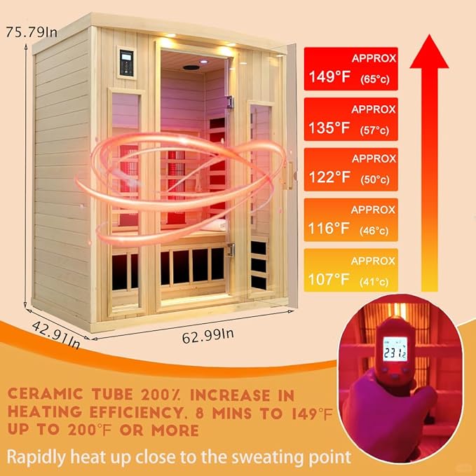 3 Person Infrared Sauna, Ceramic Infrared Sauna 3 Person, Far Infrared Saunas for Home, Low EMF Infrared Indoor Sauna, Hemlock Wooded Sauna Room, Bluetooth Speakers, Chromotherapy Lights