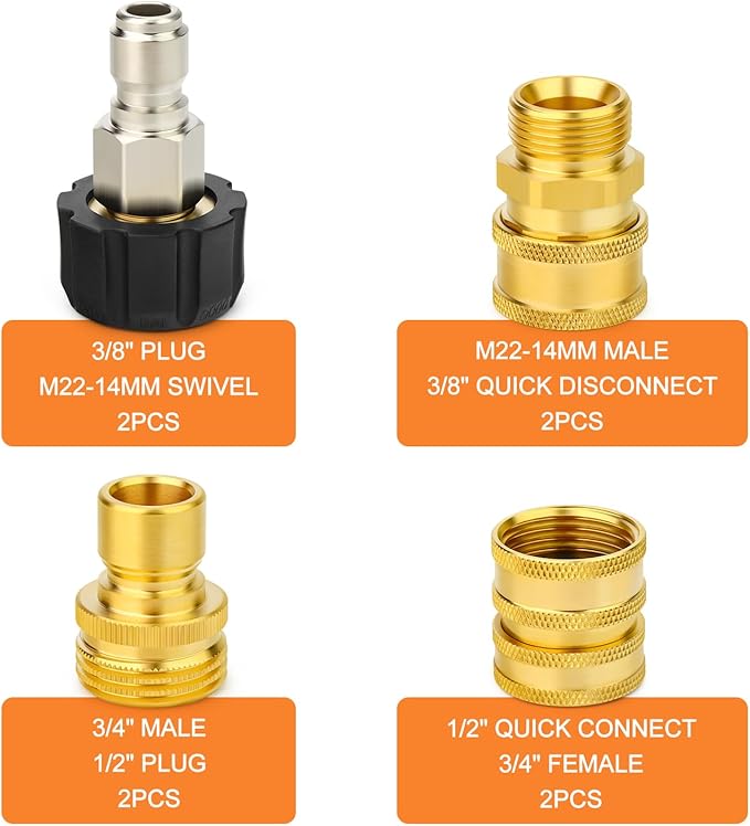 GASHER Pressure Washer Quick Connect Kit, M22 to 3/8" Quick Connect, 3/4" to Quick Release, M22 14mm Quick Connect Swivel Fittings