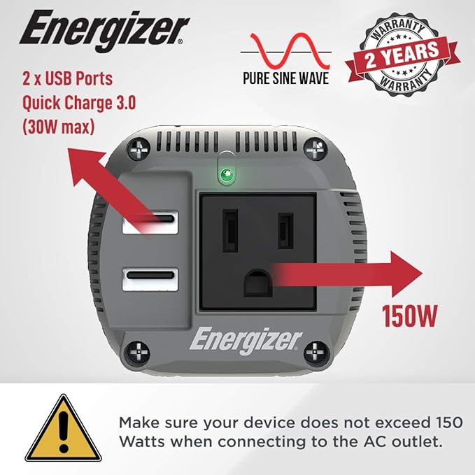 Energizer 150 Watt Power Inverter Pure Sine Wave Car Inverter, 12V to 110V Dual Mode Car Adapter, DC to AC Car Converter with Car Cigarette Lighter Plug, 110 Volts AC Outlet and 2 USB Ports