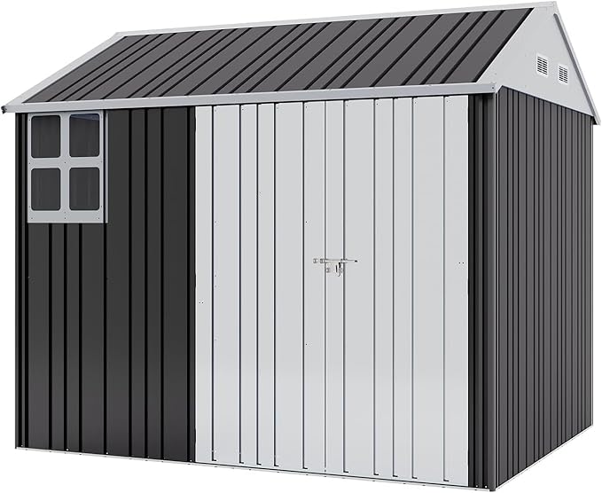Jocisland 8.5x7.1x7.5 FT Outdoor Storage Shed, Lockable Double Hinged Doors and 4 Vents, Metal Shed for Backyard Storage, Dark Black/White
