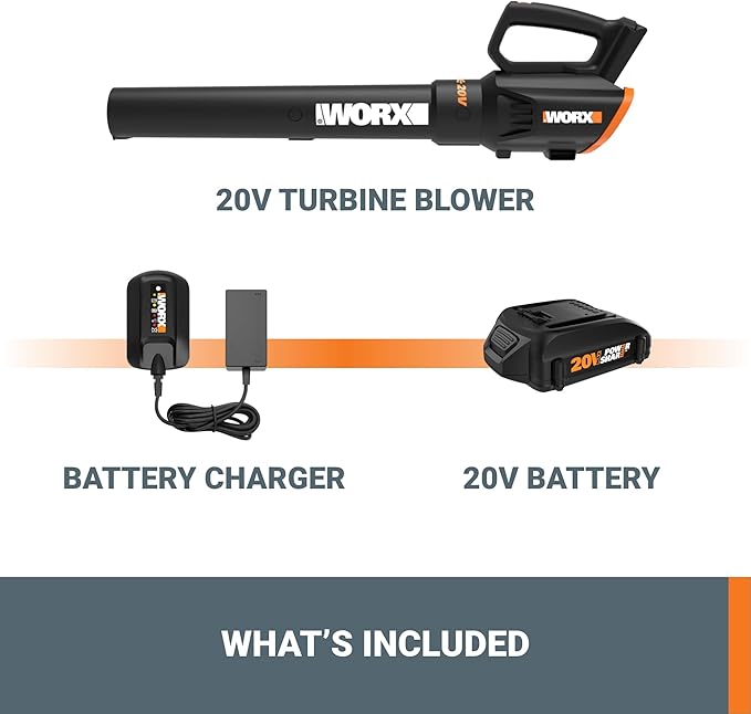 WORX WG547 20V Cordless Leaf Blower, Electric Blower with Turbine Fan, Blowers for Lawn Care with 2 Speed Control, Battery & Charger Included