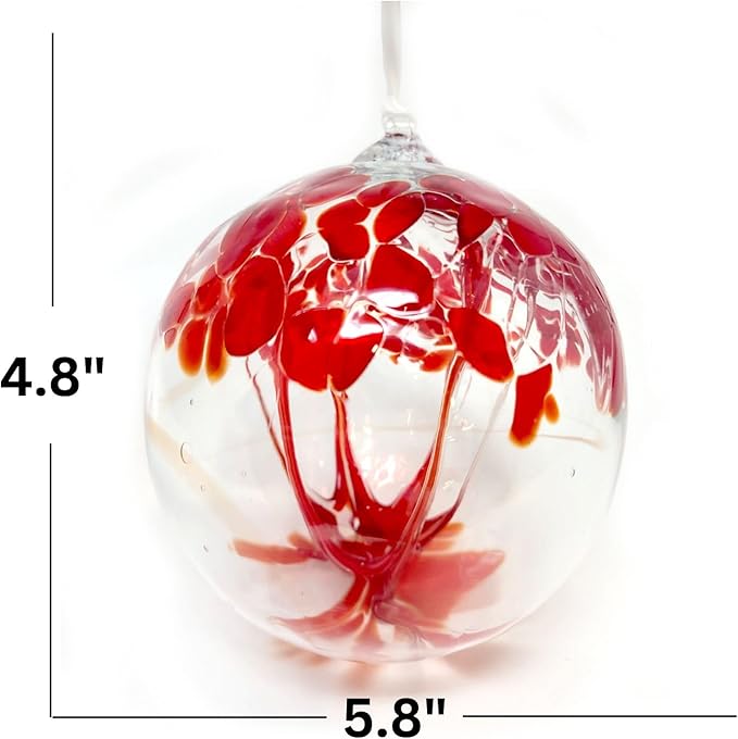 Tree of Life Glass Globe - Large 4.7 inch Hand Blown Handmade Hanging Garden Gazing Ball Indoor Outdoor Home Decor - Red