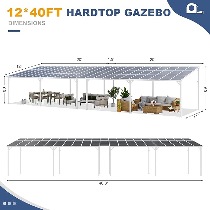 MEISSALIVVE 12' x 40' Gazebo, Wall Mounted Gazebo, Lean to Metal Awnings Gazebos with Sloped Roof, Outdoor Patio Awning for Backyard, Deck, White