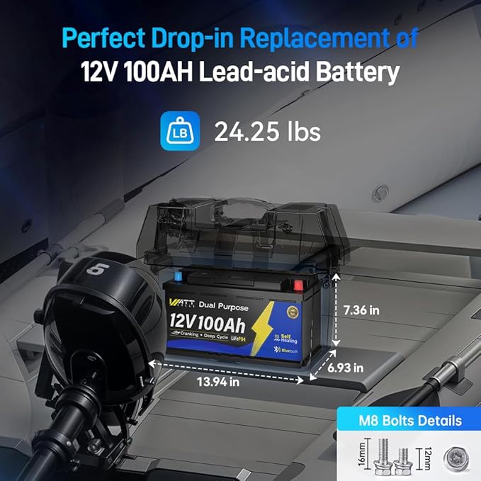 Wattcycle 12V 100Ah Marine Starting LiFePO4 Battery Bluetooth, [Cranking &Deep Cycle] Lithium Battery with Self-Heating, Built-in 200A BMS, Perfect for Trolling Motor, RV, Marine, Boat