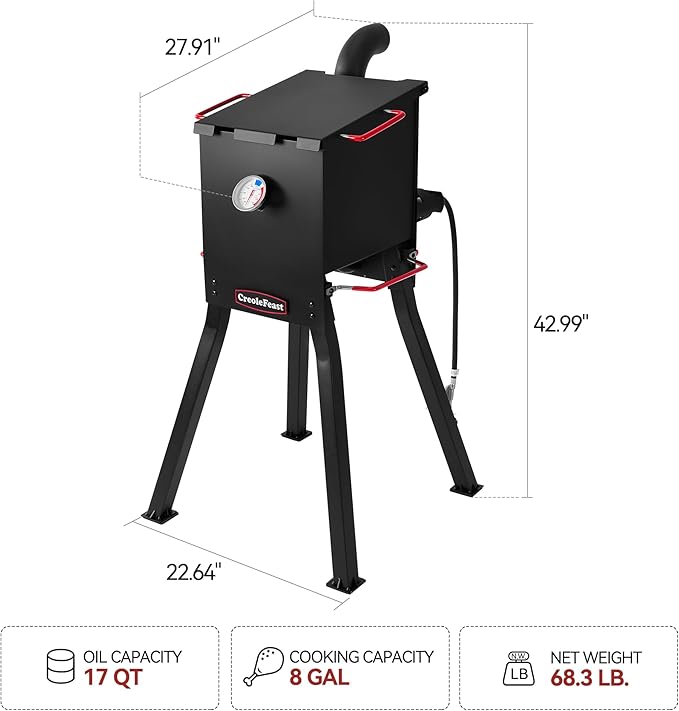 Creole Feast DF02B Outdoor Propane Deep Fryer with Baskets and Lid, 17 Qt. Oil Capacity & Real-Time Temperature Control, 54,000 BTUs Output for Frying Fish, Chicken Wings and French Fries, Black
