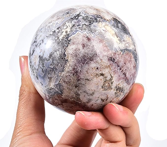 JIC Gem Blue Cherry Blossom Agate Crystal Ball with Stand Healing Crystal Sphere Natural Flower Agate Stone Meditation Home Decor 2.3-2.7 inch (60-70mm)