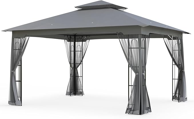 EAGLE PEAK Patio Gazebo with Mesh Netting 13x11 at Top 12x10 Footprint, Soft Top Outdoor Pavilion for Backyard, Deck, Lawn and Garden, Gray