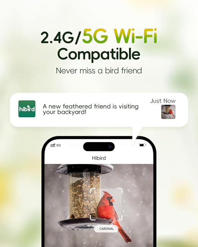 Hibird 4K HD Smart Bird Feeder Camera Solar Powered, 2.4G/5G Dual WiFi Wireless Outdoor, 6X Slow Motion Auto Bird Video Capture, Instant Notifications, AI Identify 10000+ Species for Everyone