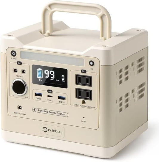 RAINBOW Portable Power Station 320W, 298Wh Backup LiFePO4 Battery, 2 x 110V/320W(Peak 640W) AC Outlets, Solar Generator for Outdoor Camping, Quick Charge for Home, Hiking