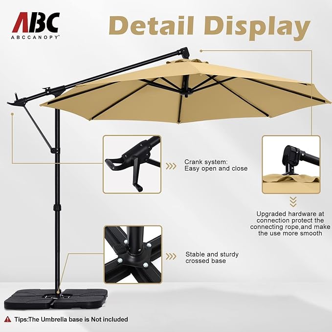 ABCCANOPY 10FT Cantilever Umbrella Offset Hanging Patio Umbrella with Base Stand Rotate and Tilt，Suitable for Garden, Lawn, Backyard(Khaki)