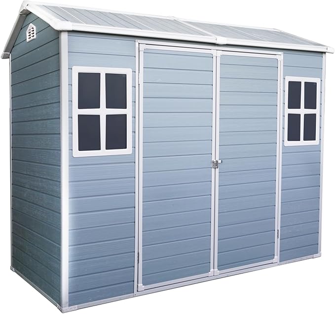 8x4ft Outdoor Storage Shed with Two-Window and Lockable Door, Resin Plastic Shed with Floor for Gargen, Patio, Yard, Lawn, Light Grey