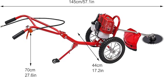 49CC 2 Stroke Walk-Behind Lawn Mower Brush Mower with Wheels 1.8Kw Gasoline Hand Push Grass Trimmer for Orchards Vegetable Fields Gardens Lawns, 3 Functions
