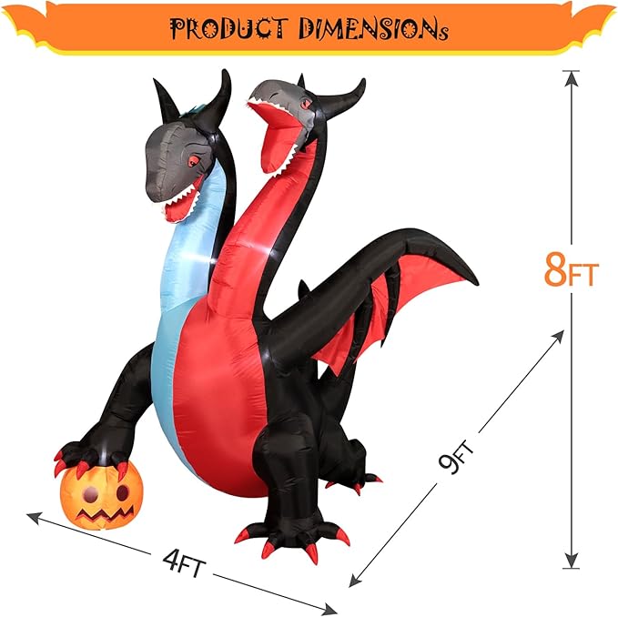 DomKom Halloween Inflatable Blow Up Decorations, 8FT Giant Two-Headed Dragon with Pumpkin, Built-in LEDs for Holiday Party, Garden, Lawn, Yard, Patio Décor