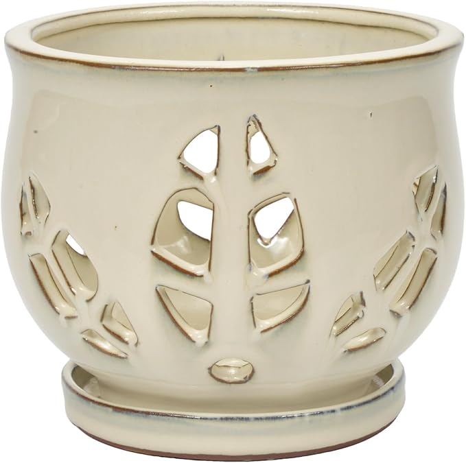 W&W Orchid Pot with Holes and Saucer for Repotting and Better Grow, Cream White, 6.5 Inches