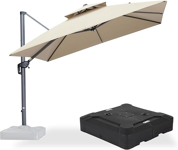 PURPLE LEAF Cantilever Umbrella with Base Included 10 Feet Outdoor Double Top Large Offset Hanging 360° Rotation Square Umbrella for Garden Patio Deck Pool Backyard Spectrum Sand