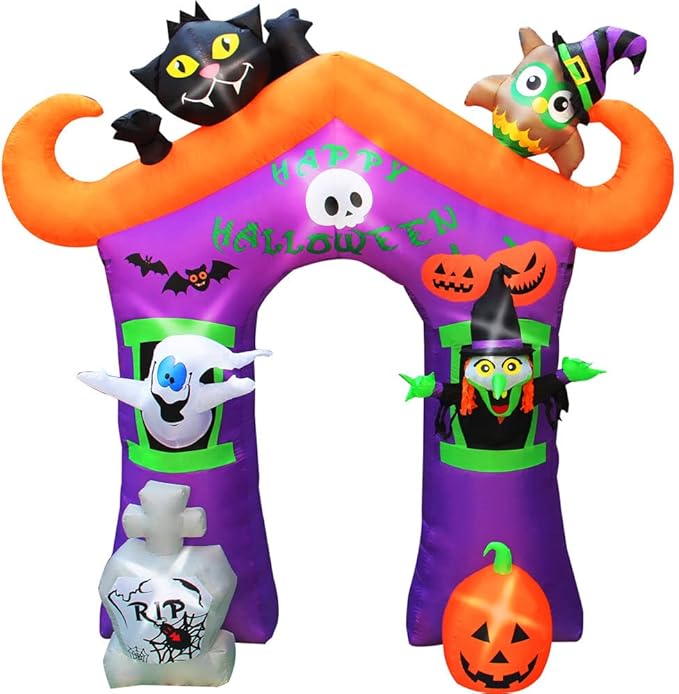 Haunted Hill Farm 10.5-ft. Haunted House Arch Blow Up with Lights, Modern Inflatable Decorations for Halloween, Giant Spooky Outdoor Decorations for Patio and Yard