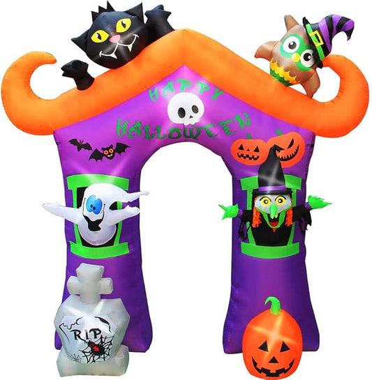 Haunted Hill Farm 10.5-ft. Haunted House Arch Blow Up with Lights, Modern Inflatable Decorations for Halloween, Giant Spooky Outdoor Decorations for Patio and Yard