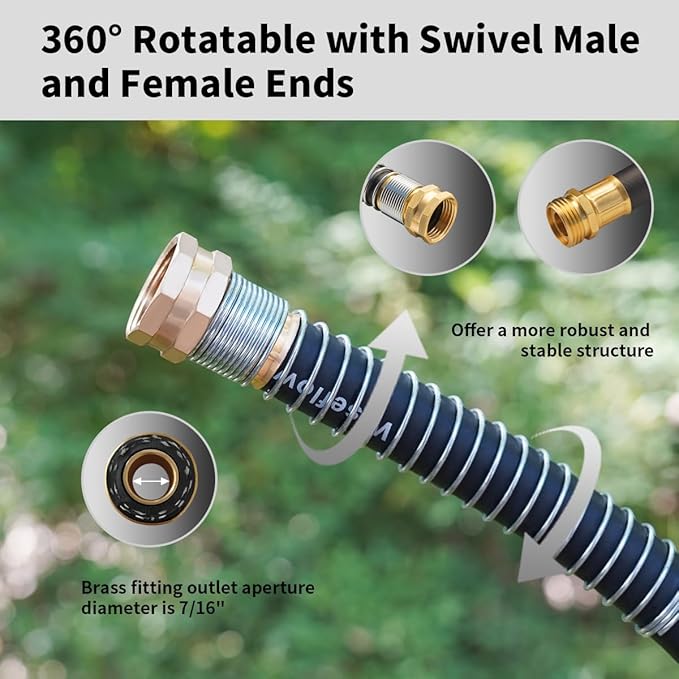WiseFlow Garden Hose 25FT x 5/8", Heavy Duty Rubber Hose, Water Hose with Five Layered Braiding, Male Female Fittings, 1000PSI Burst, 300PSI Working (Black)