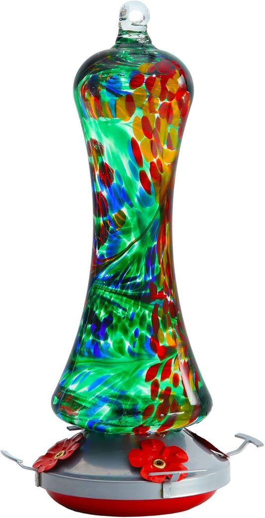 Glass Hummingbird Feeder for Outdoors: Window Hanging Hummingbirds Gifts for Women - Ant Moat Included, Metal Base with 4 Feeding Ports & Perch, Leak Proof, 38 fl.oz, Best Garden Decor