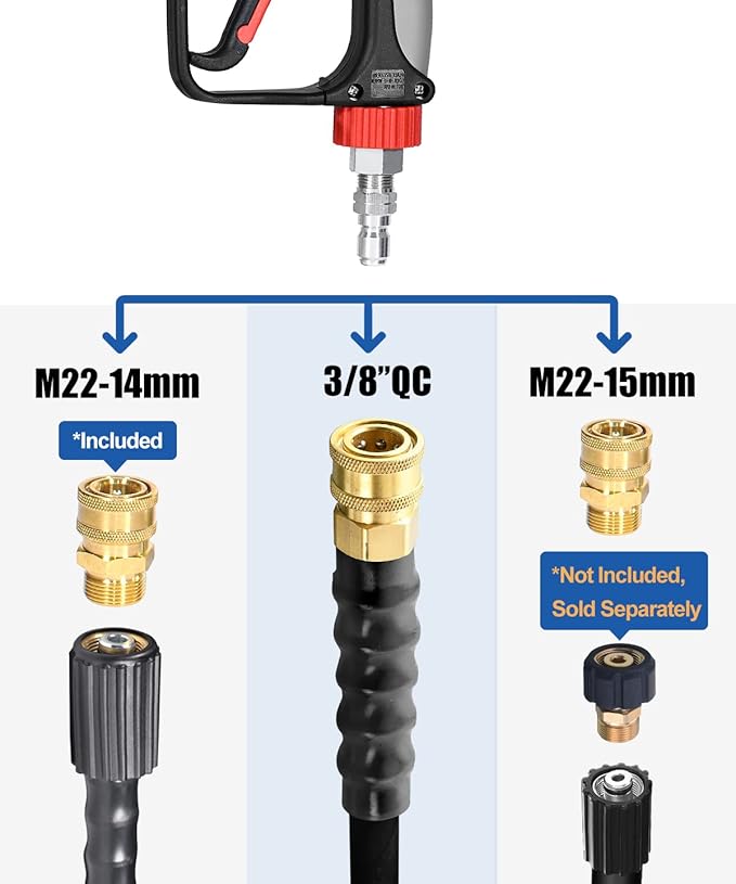 TOOLCY Pressure Washer Short Gun with Stainless Swivel & QC, 304 Stainless Steel 3/8" Plug & 1/4" Quick Connect, Commercial Grade, Max 5000 PSI / 10.5 GPM, Premium Power Washer Gun for Car Detailing