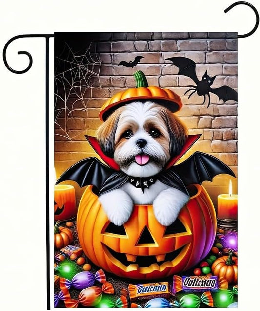 Happy Halloween Garden Flag 12x18 Double Sided Dog Pumpkin Garden Flag for Outside Witch Hat Small Flag for Outdoor Holiday Home Decor Banner