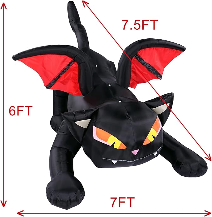 Sizonjoy 7.5FT Halloween Inflatables Decoration Outdoor Lighted Black Cat Decoration Outdoor with Wings,Halloween Blow Up Decor for Yard Lawn Garden Party Decor