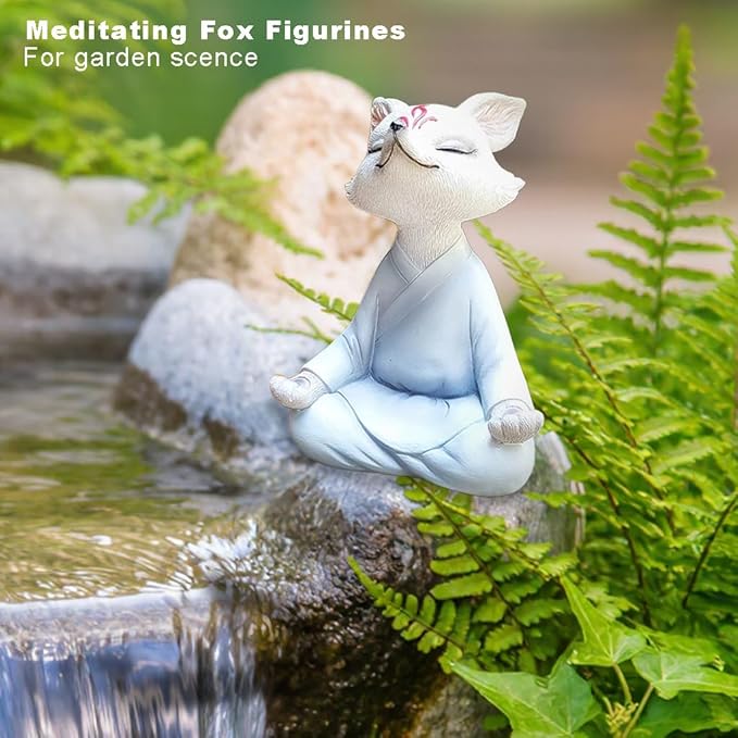 Meditating Buddha Fox Statue Resin Zen Animal Sculpture Yoga Figurine Indoor Outdoor Fengshui Decor for Patio Garden Yard Lawn Tabletop Planter Ponds Pot Bookshelf Ornaments Gifts White