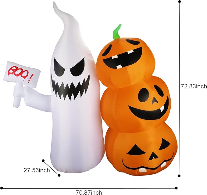 6Ft Halloween Inflatable Ghost Hammer Pumpkin Outdoor Decor with Build-in LEDs Blow Up Inflatable for Party Indoor Outdoor Garden Lawn Yard